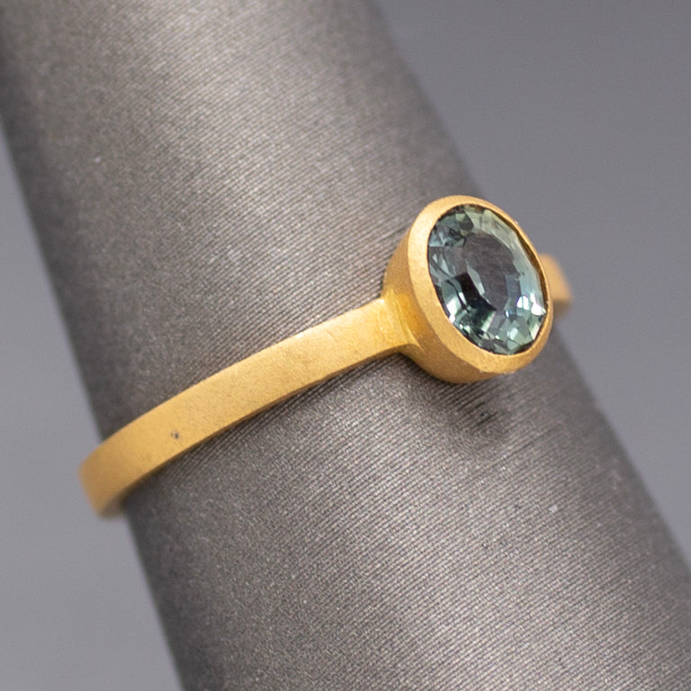 Handcrafted Bezel Set Oval Teal Green Sapphire Solitaire Ring in 18k Yellow Gold