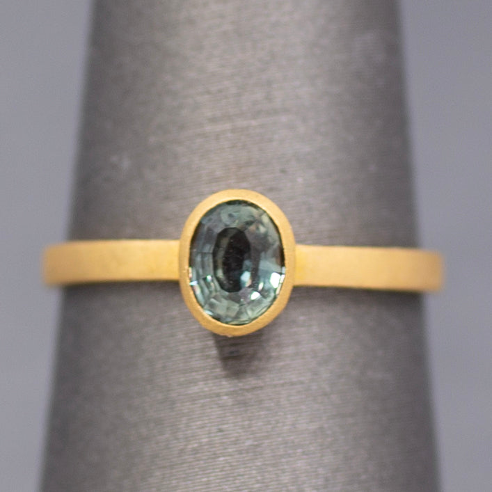 Handcrafted Bezel Set Oval Teal Green Sapphire Solitaire Ring in 18k Yellow Gold