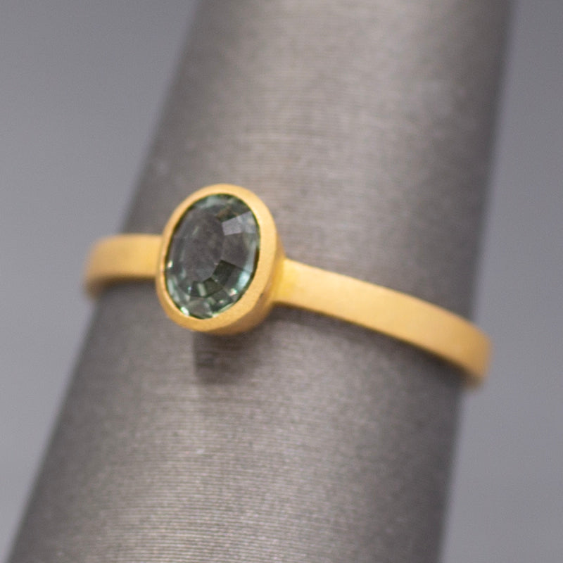 Handcrafted Bezel Set Oval Teal Green Sapphire Solitaire Ring in 18k Yellow Gold