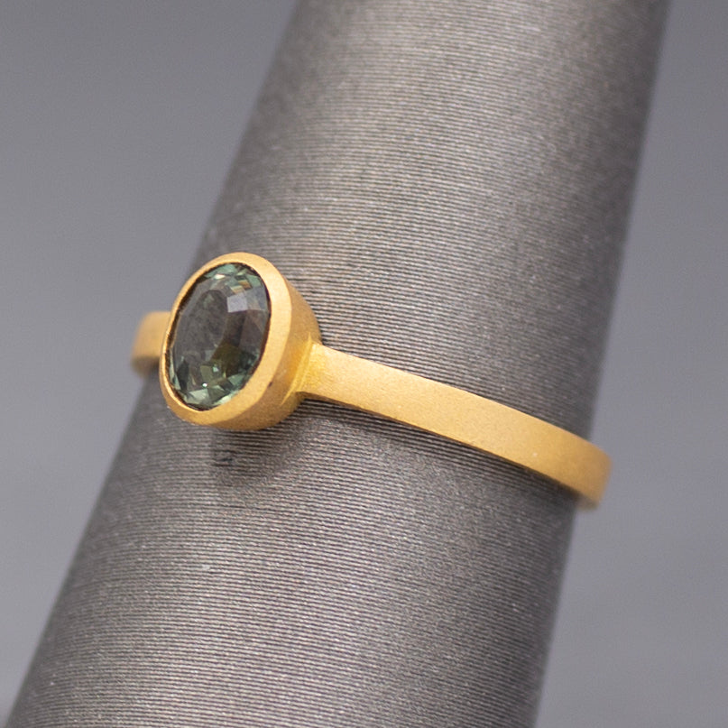 Handcrafted Bezel Set Oval Teal Green Sapphire Solitaire Ring in 18k Yellow Gold