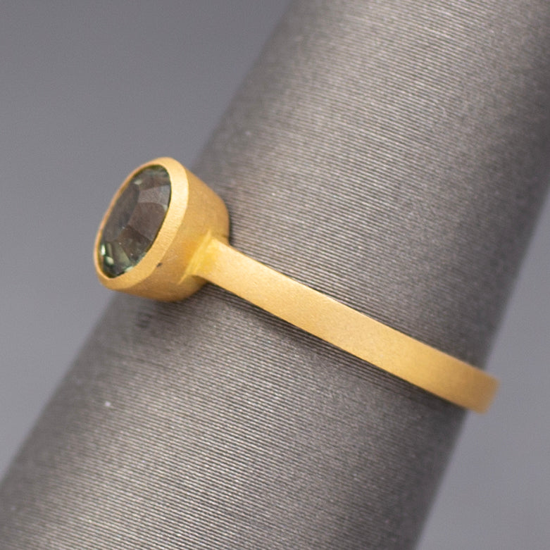 Handcrafted Bezel Set Oval Teal Green Sapphire Solitaire Ring in 18k Yellow Gold