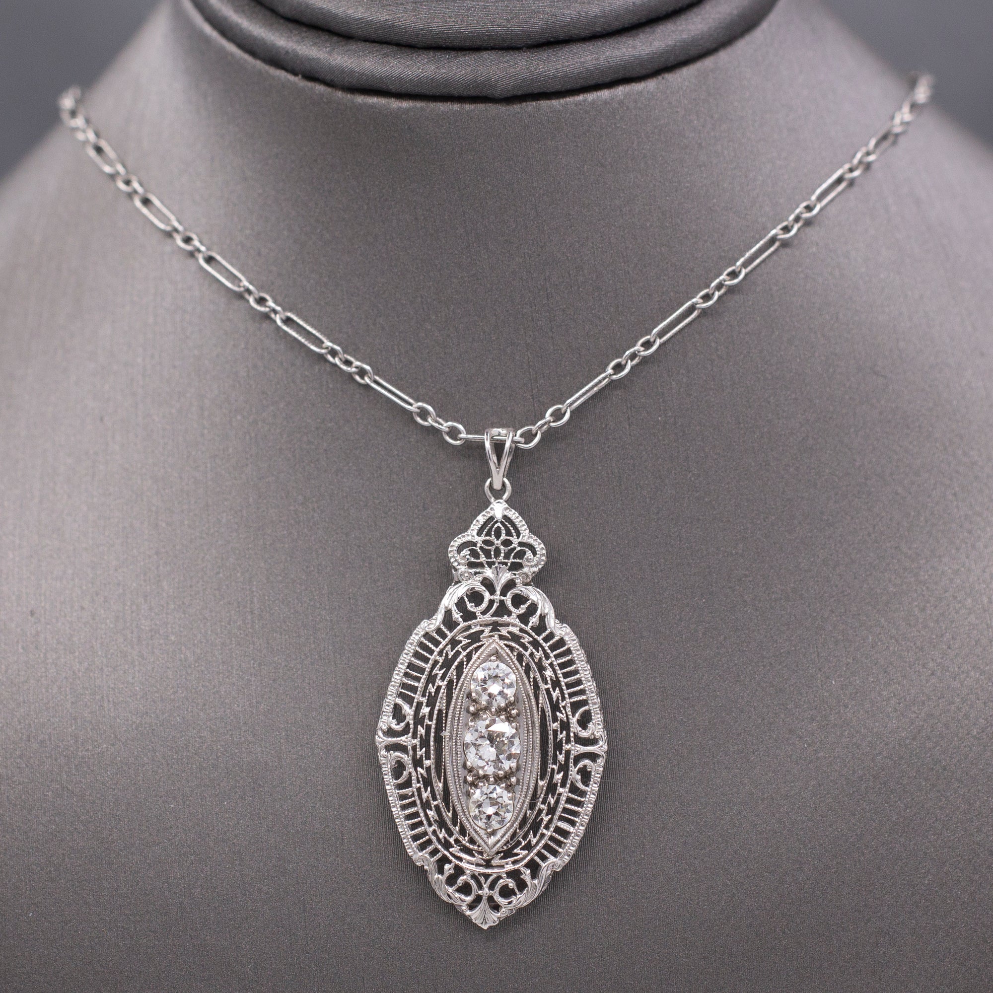 Gorgeous Art Deco Three Stone Diamond Pendant Necklace in 14k White Gold