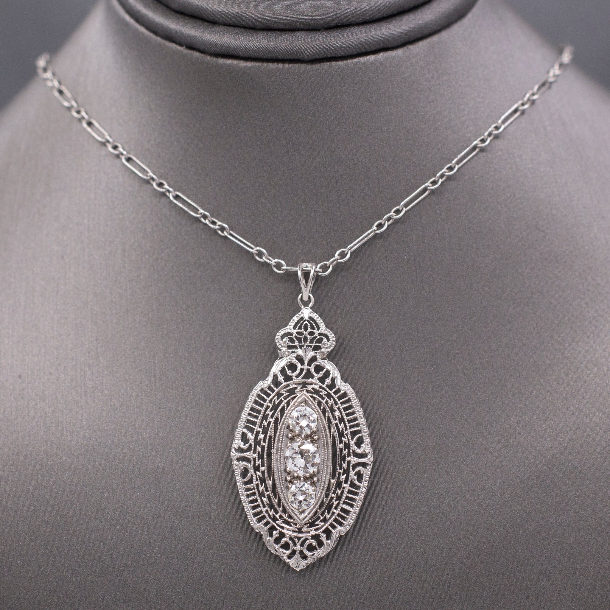 Gorgeous Art Deco Three Stone Diamond Pendant Necklace in 14k White Gold