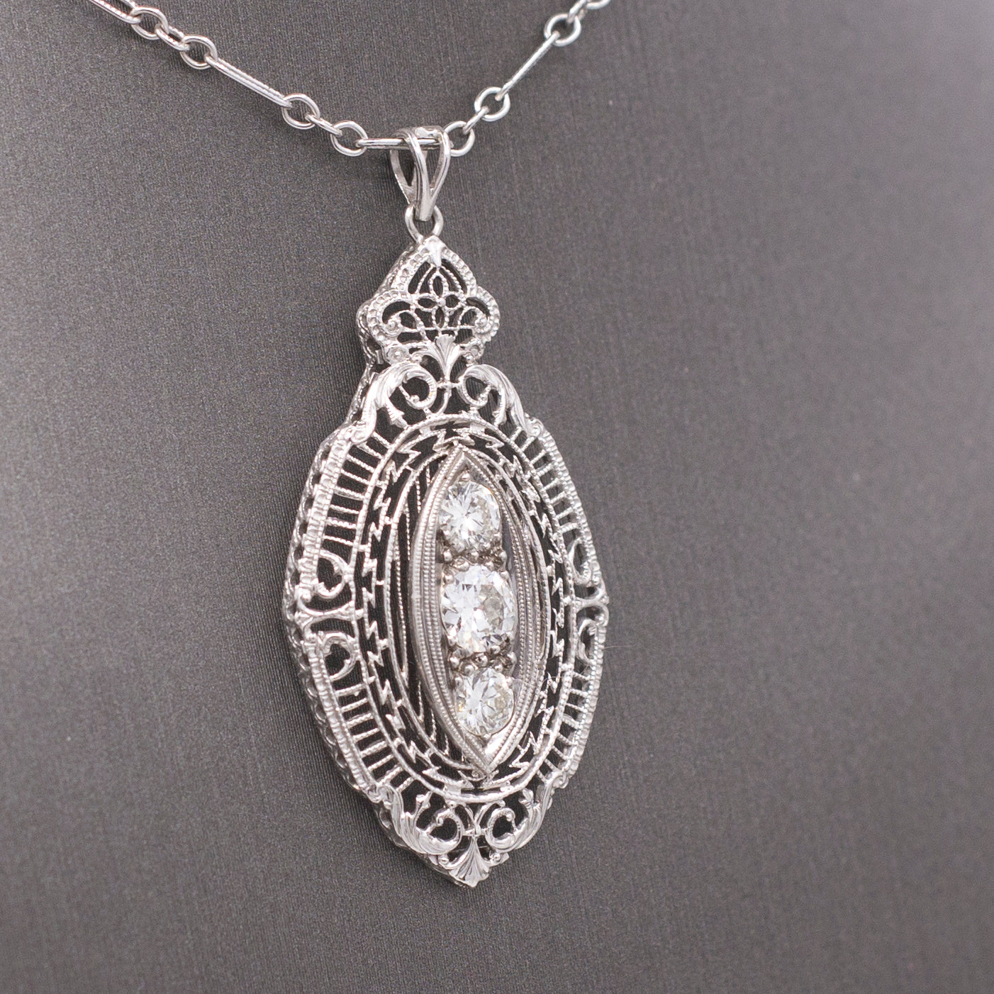 Gorgeous Art Deco Three Stone Diamond Pendant Necklace in 14k White Gold