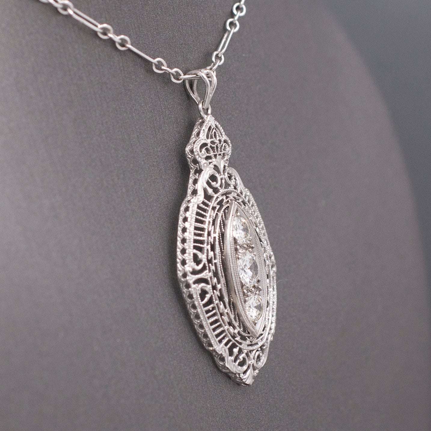 Gorgeous Art Deco Three Stone Diamond Pendant Necklace in 14k White Gold