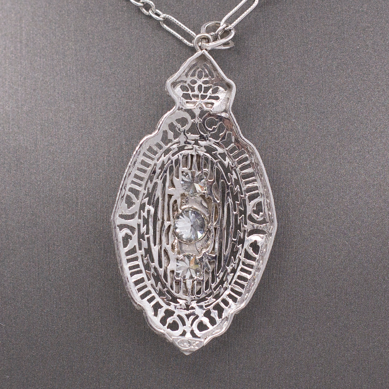 Gorgeous Art Deco Three Stone Diamond Pendant Necklace in 14k White Gold
