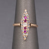 Skinny Antique Victorian Ruby and Old Mine Cut and Rose Cut Diamond Navette Ring in 10k Rose Gold