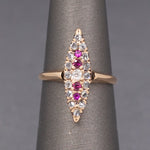 Skinny Antique Victorian Ruby and Old Mine Cut and Rose Cut Diamond Navette Ring in 10k Rose Gold