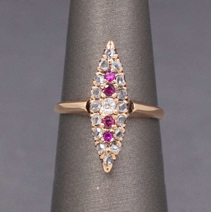 Skinny Antique Victorian Ruby and Old Mine Cut and Rose Cut Diamond Navette Ring in 10k Rose Gold