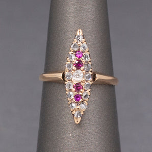 Skinny Antique Victorian Ruby and Old Mine Cut and Rose Cut Diamond Navette Ring in 10k Rose Gold