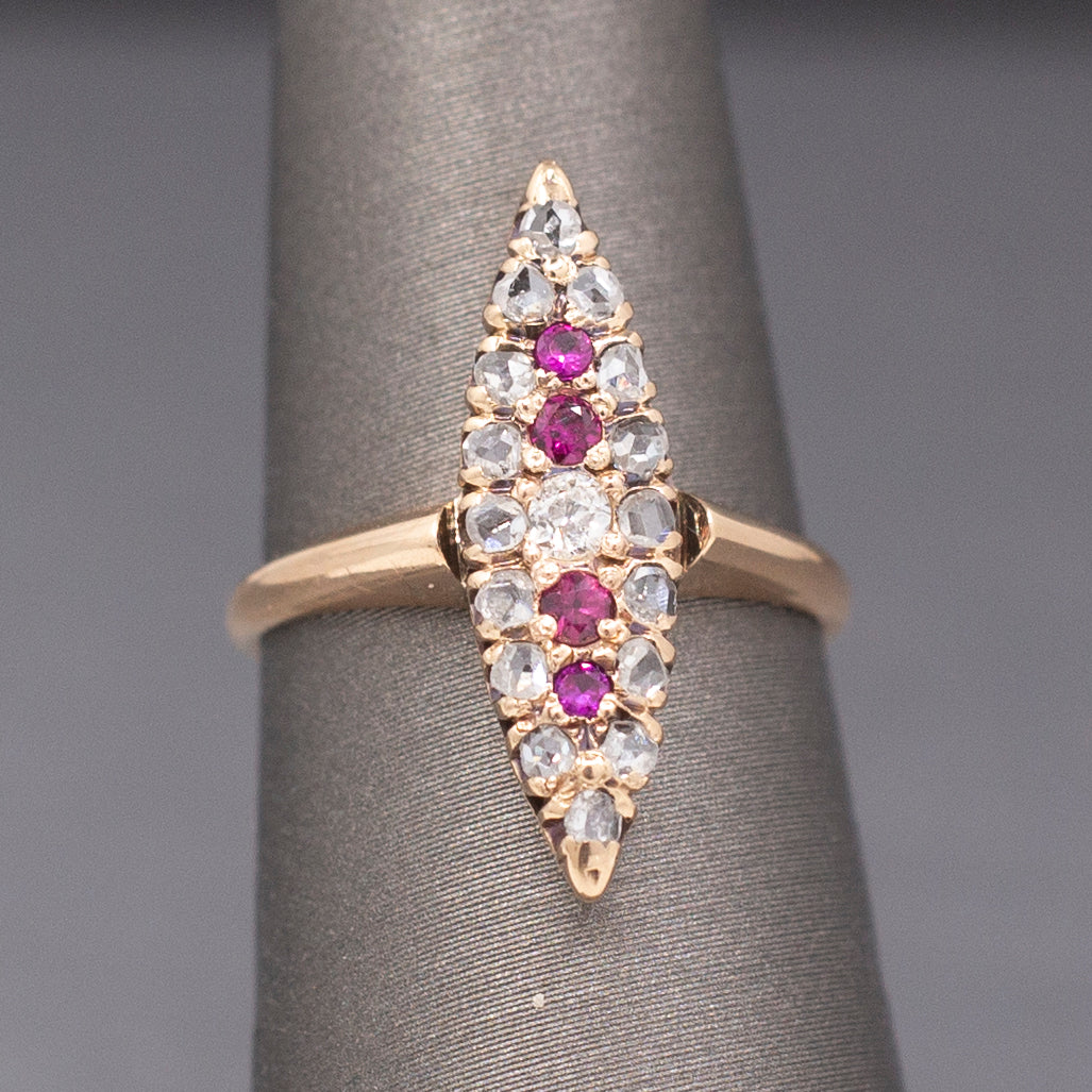 Skinny Antique Victorian Ruby and Old Mine Cut and Rose Cut Diamond Navette Ring in 10k Rose Gold