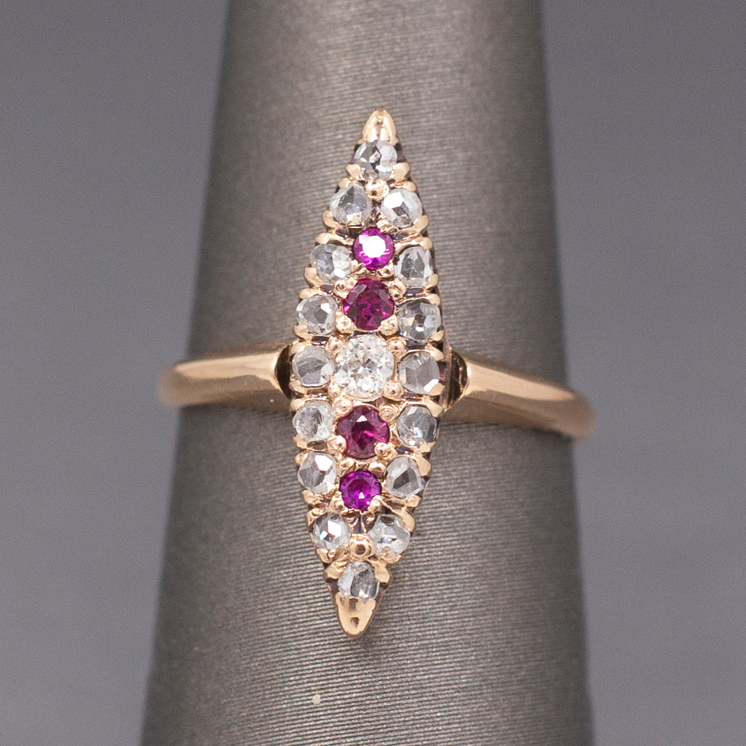 Skinny Antique Victorian Ruby and Old Mine Cut and Rose Cut Diamond Navette Ring in 10k Rose Gold