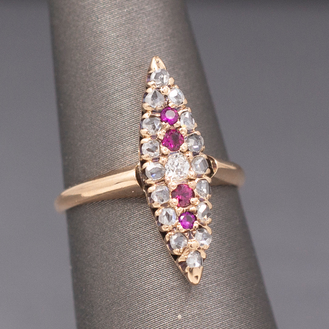 Skinny Antique Victorian Ruby and Old Mine Cut and Rose Cut Diamond Navette Ring in 10k Rose Gold