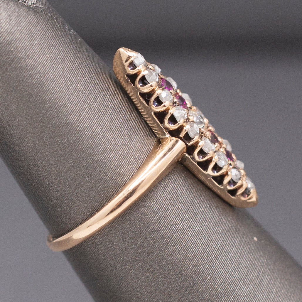 Skinny Antique Victorian Ruby and Old Mine Cut and Rose Cut Diamond Navette Ring in 10k Rose Gold