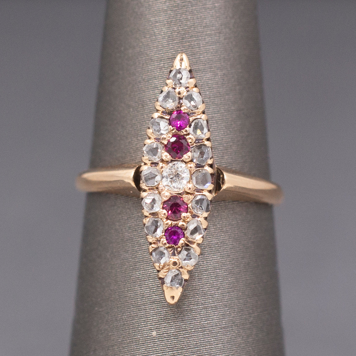 Skinny Antique Victorian Ruby and Old Mine Cut and Rose Cut Diamond Navette Ring in 10k Rose Gold