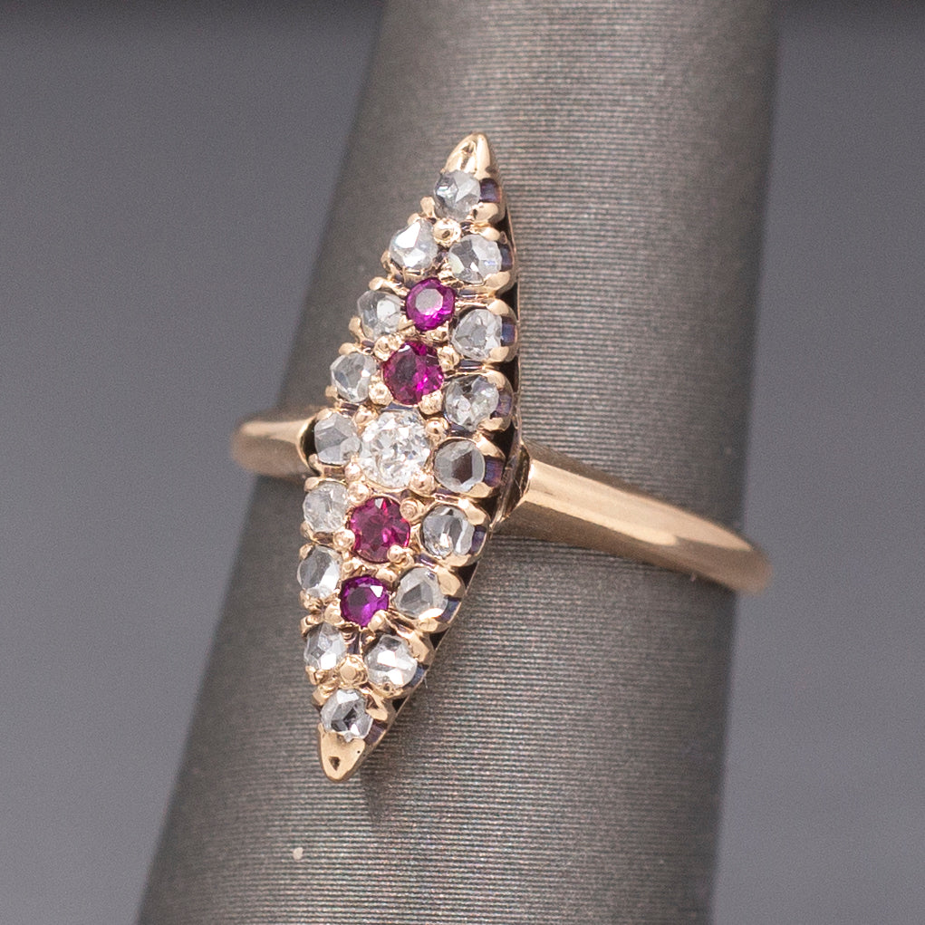 Skinny Antique Victorian Ruby and Old Mine Cut and Rose Cut Diamond Navette Ring in 10k Rose Gold