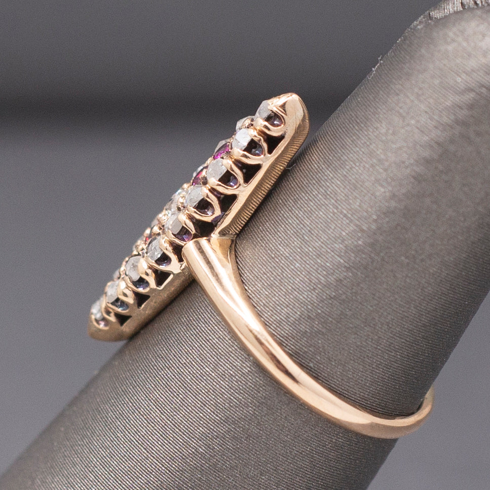 Skinny Antique Victorian Ruby and Old Mine Cut and Rose Cut Diamond Navette Ring in 10k Rose Gold