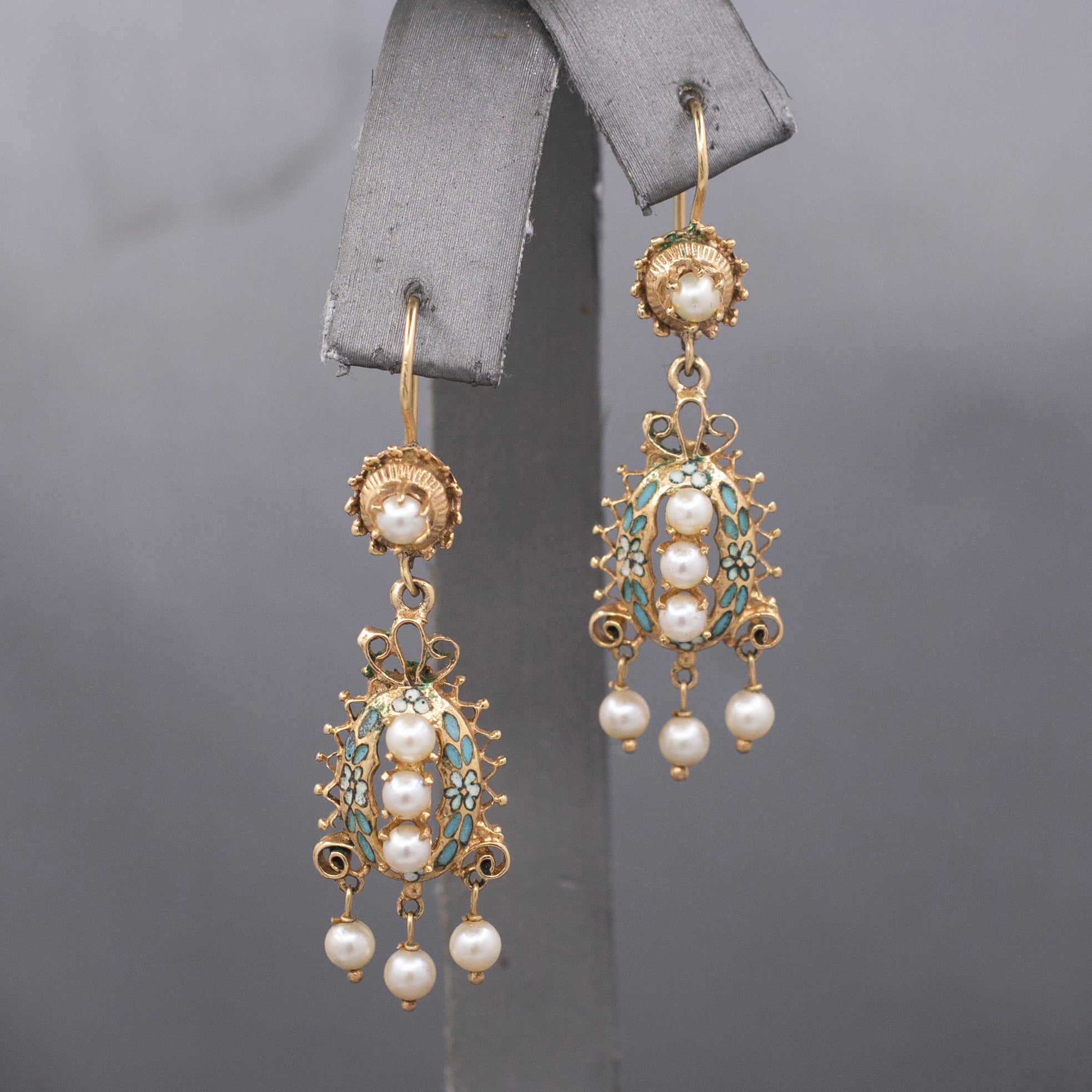 Victorian Revival Turquoise Enamel Flower and Pearl Dangle Earrings in 14k Yellow Gold