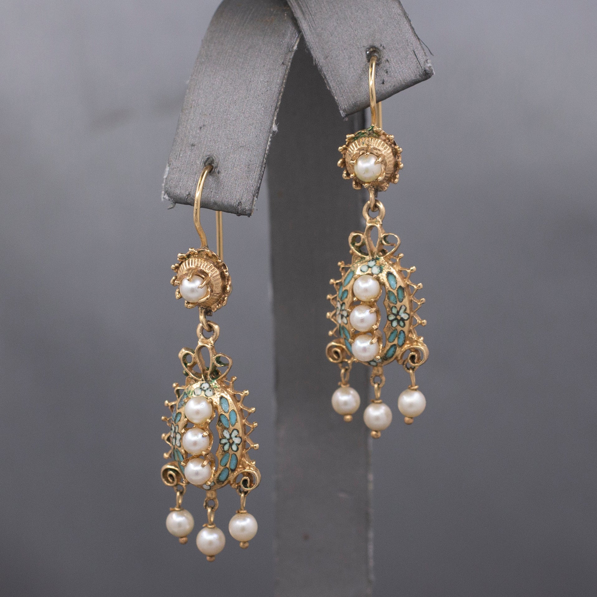 Victorian Revival Turquoise Enamel Flower and Pearl Dangle Earrings in 14k Yellow Gold