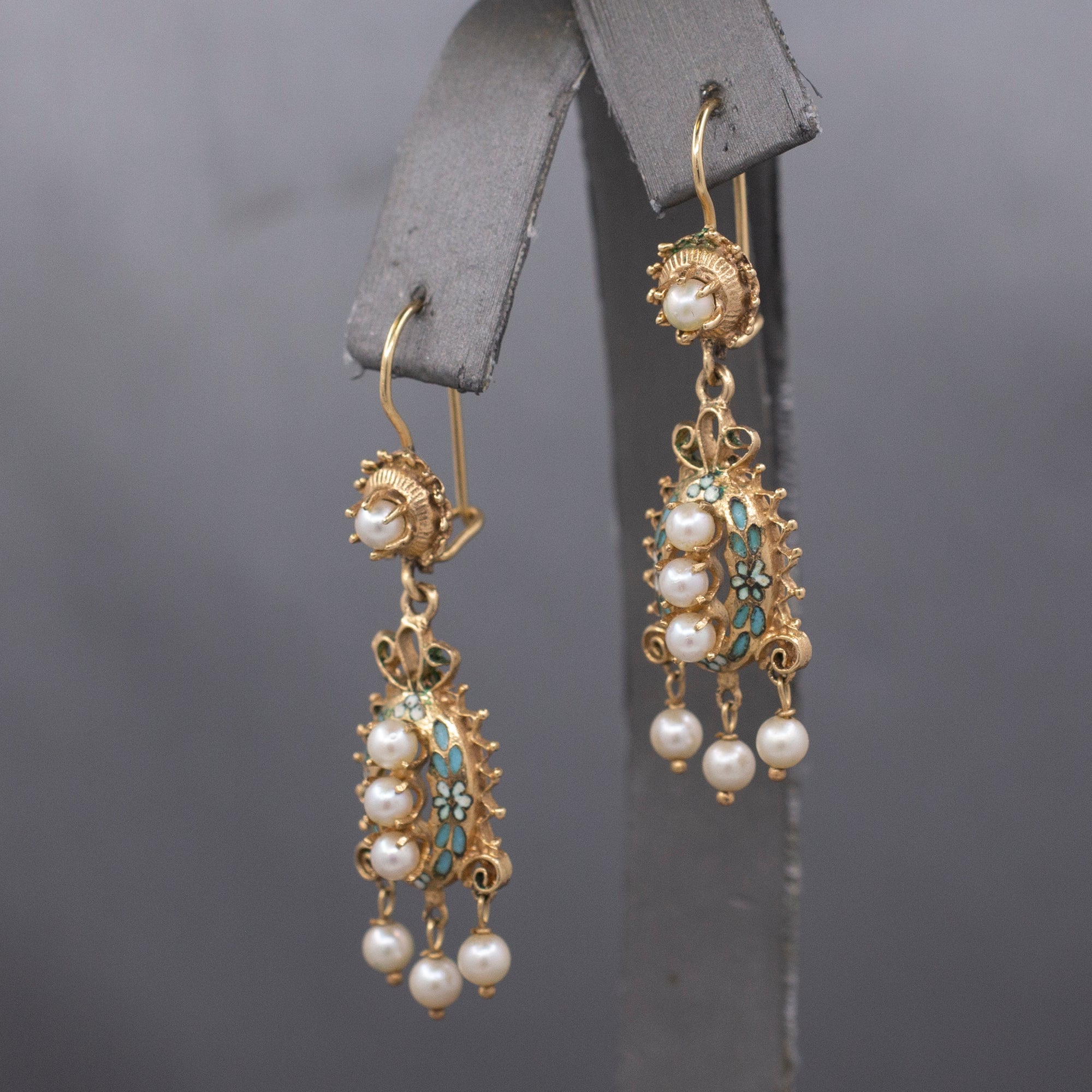 Victorian Revival Turquoise Enamel Flower and Pearl Dangle Earrings in 14k Yellow Gold