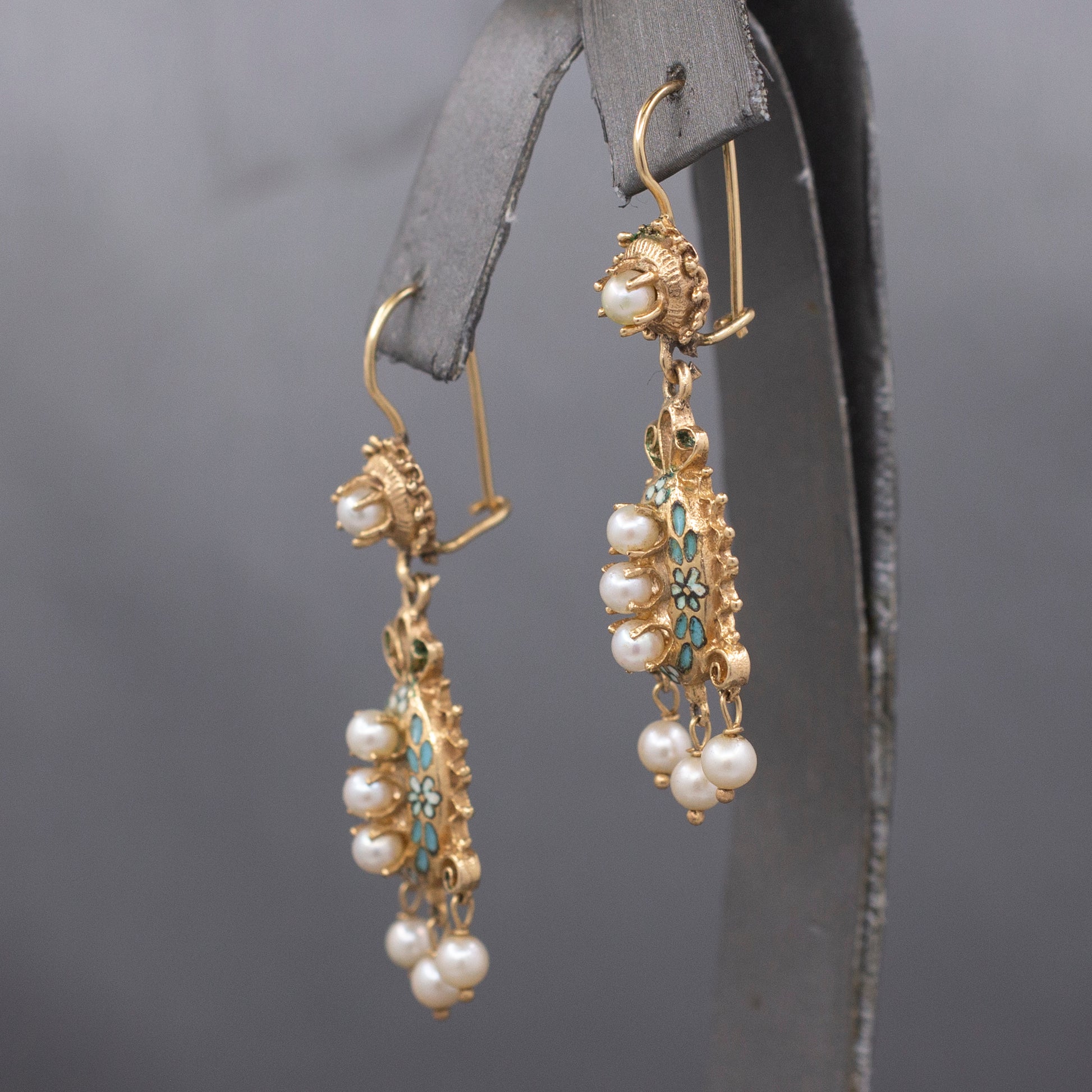 Victorian Revival Turquoise Enamel Flower and Pearl Dangle Earrings in 14k Yellow Gold