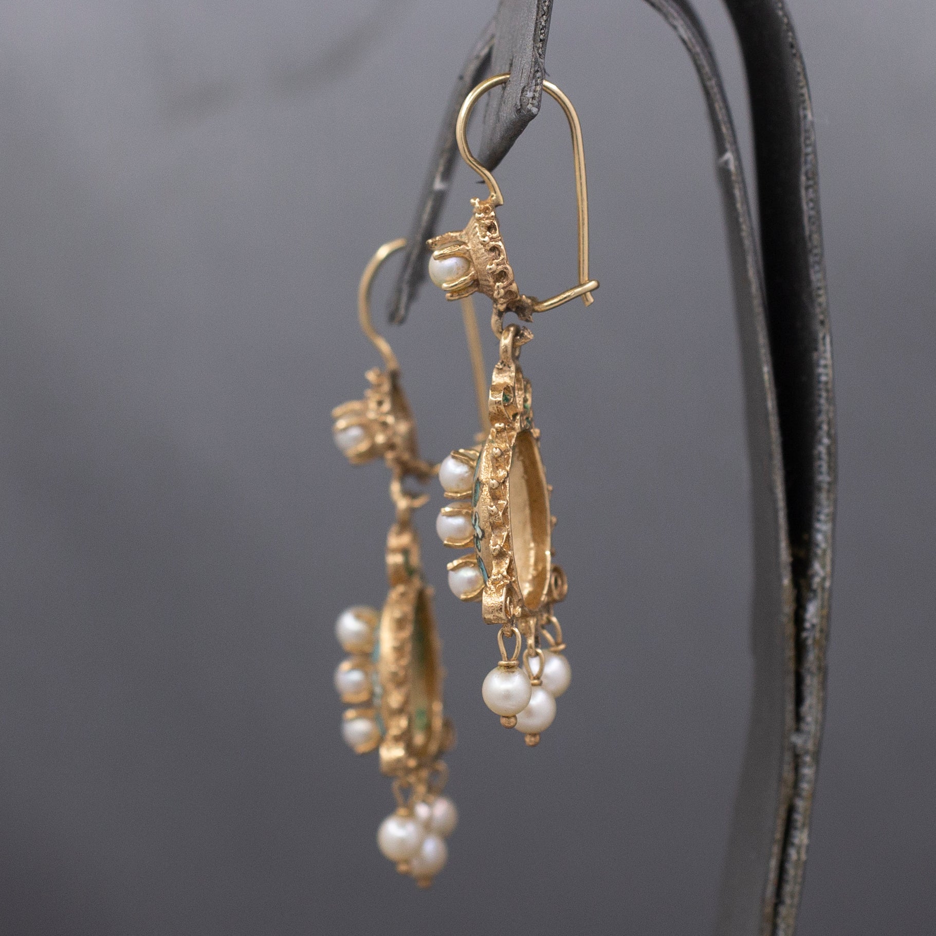 Victorian Revival Turquoise Enamel Flower and Pearl Dangle Earrings in 14k Yellow Gold