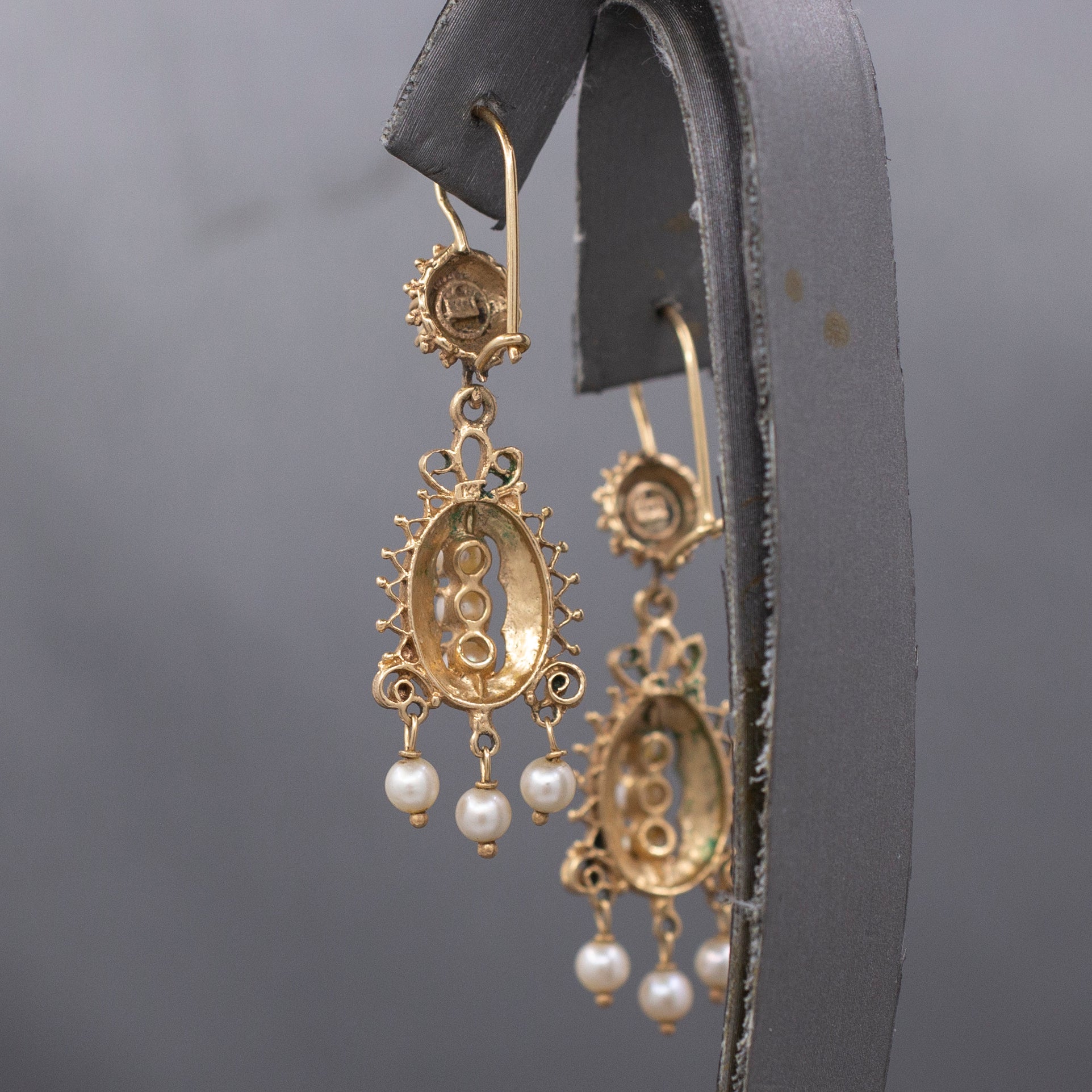 Victorian Revival Turquoise Enamel Flower and Pearl Dangle Earrings in 14k Yellow Gold