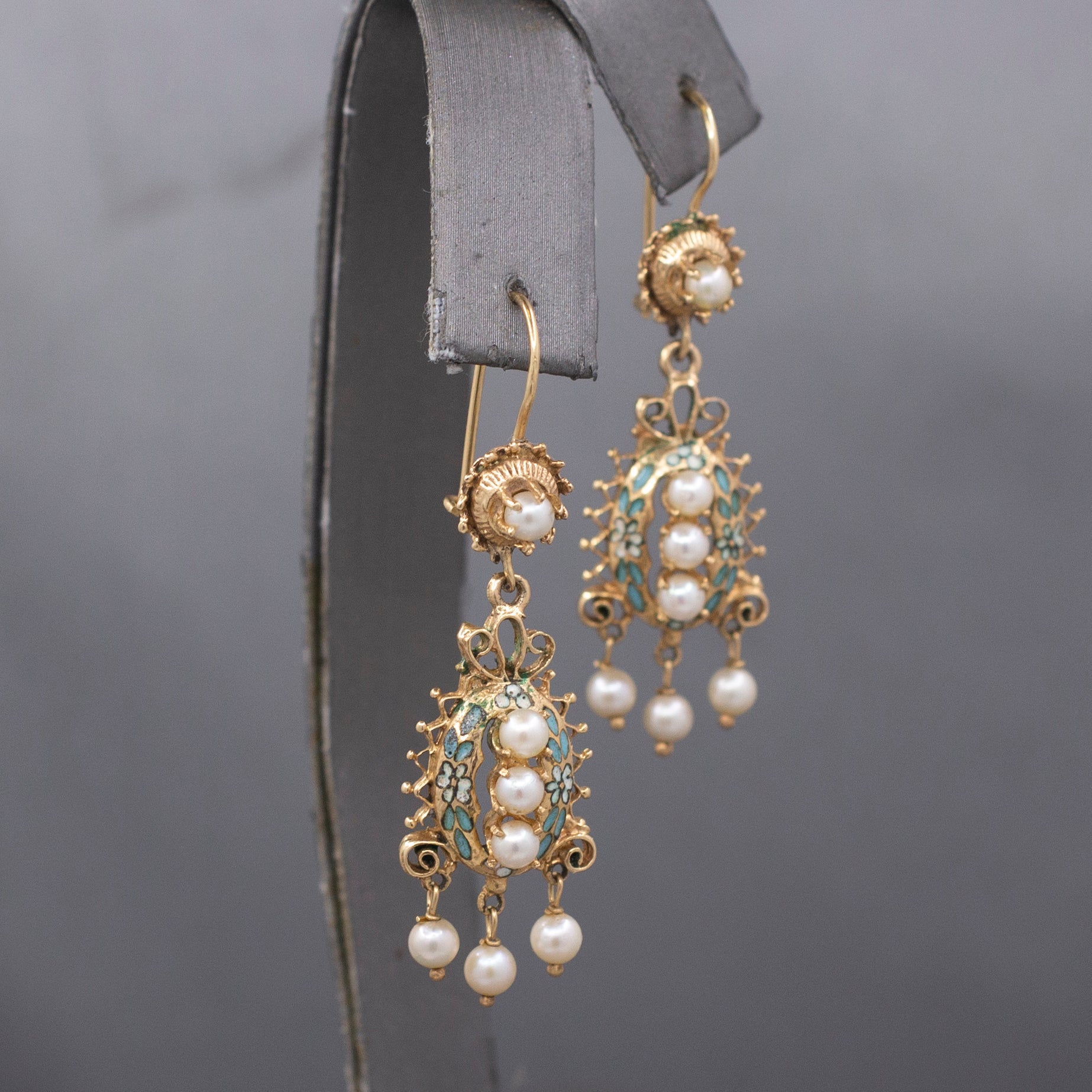 Victorian Revival Turquoise Enamel Flower and Pearl Dangle Earrings in 14k Yellow Gold
