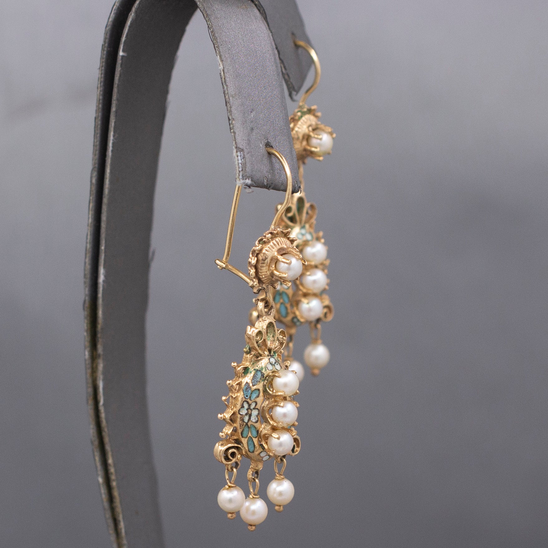 Victorian Revival Turquoise Enamel Flower and Pearl Dangle Earrings in 14k Yellow Gold