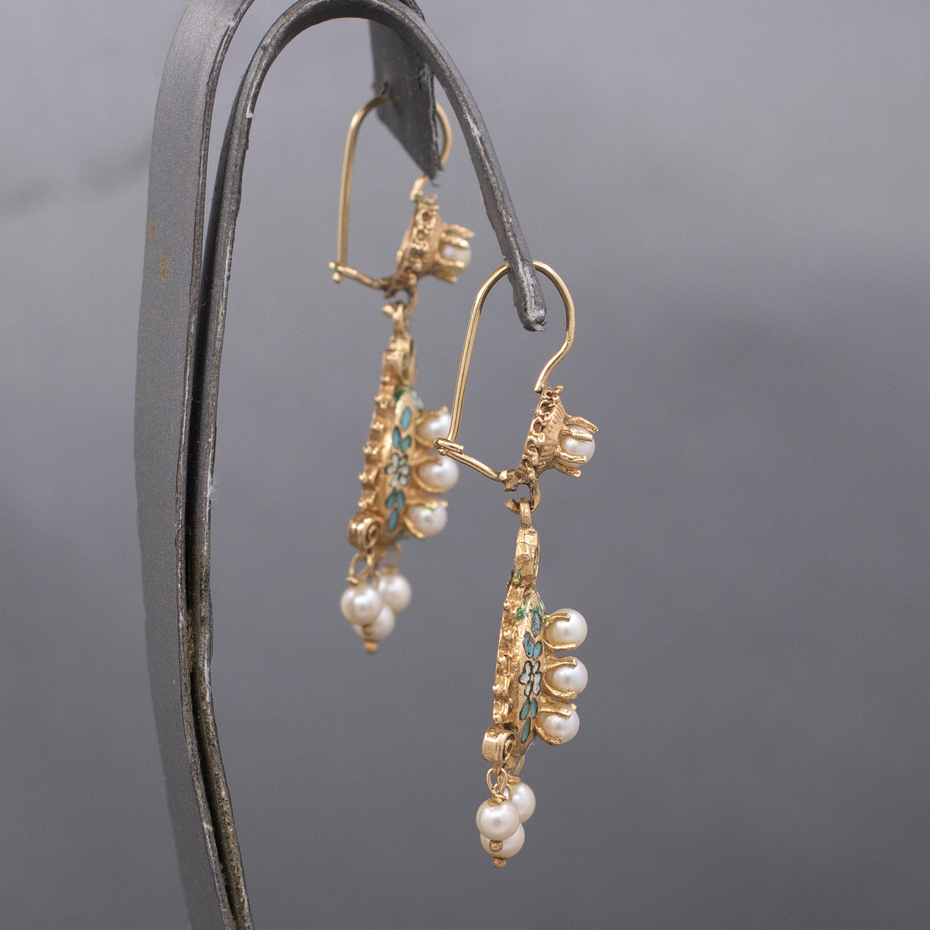 Victorian Revival Turquoise Enamel Flower and Pearl Dangle Earrings in 14k Yellow Gold