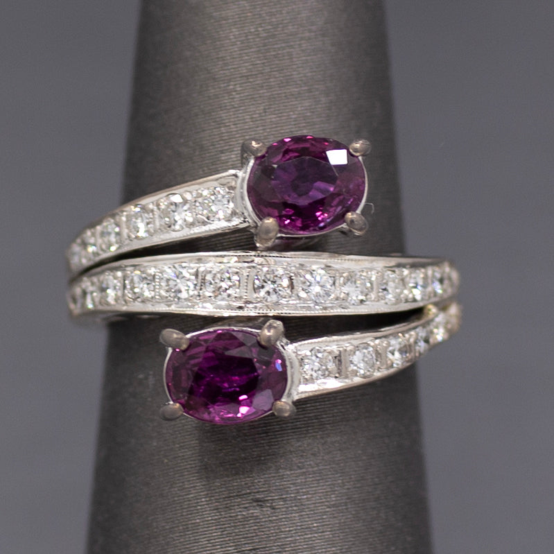 Vintage Double Ruby and Diamond Bypass Statement Ring in 18k White Gold