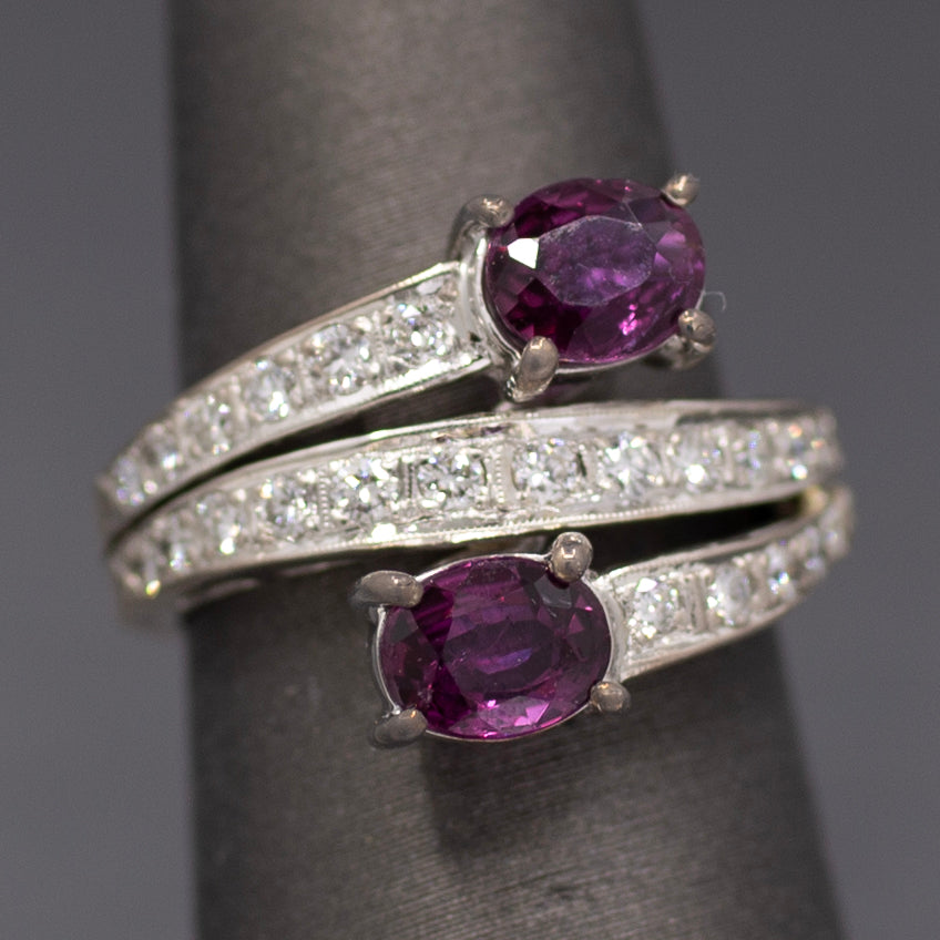 Vintage Double Ruby and Diamond Bypass Statement Ring in 18k White Gold
