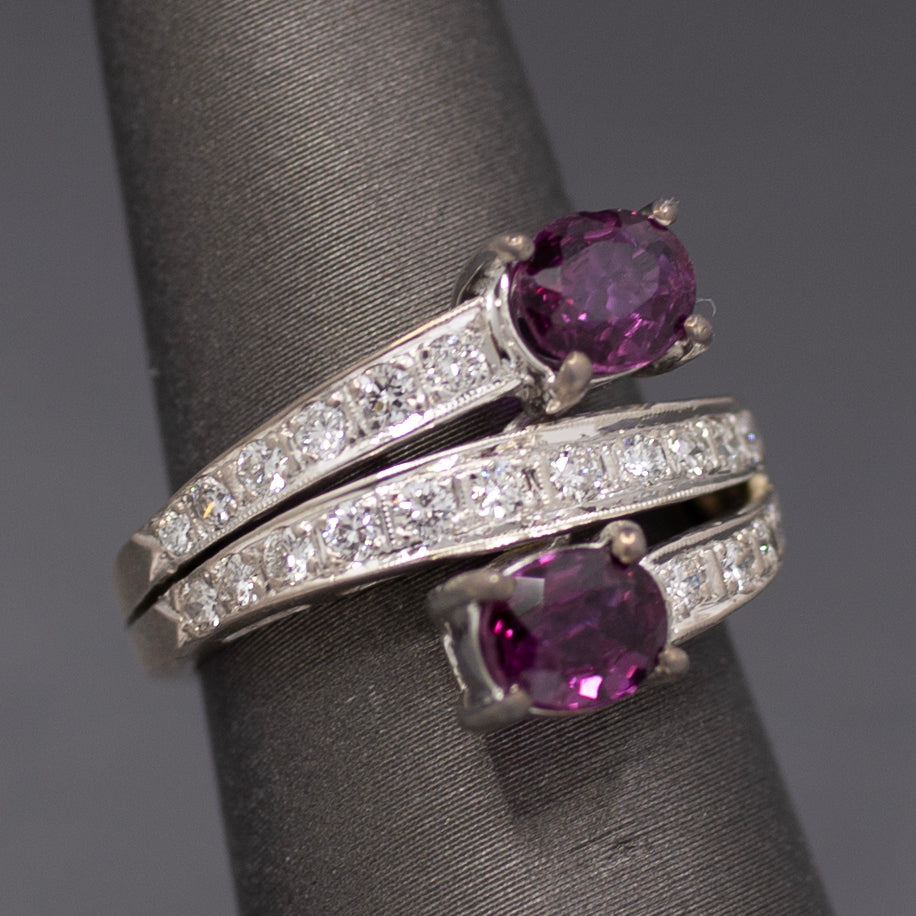 Vintage Double Ruby and Diamond Bypass Statement Ring in 18k White Gold