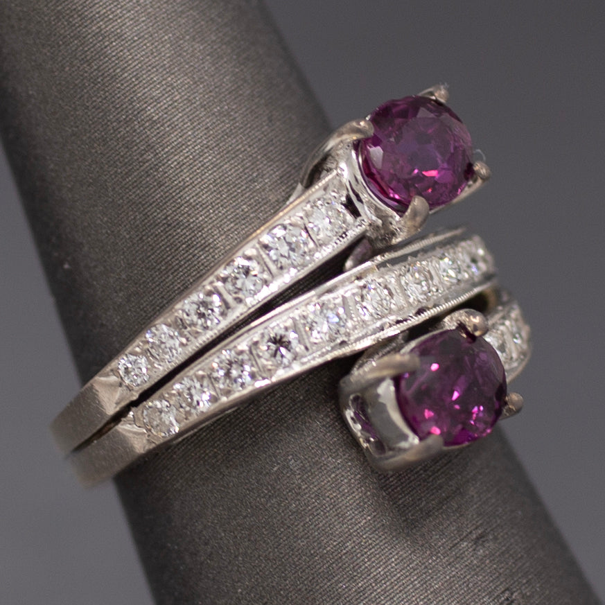 Vintage Double Ruby and Diamond Bypass Statement Ring in 18k White Gold