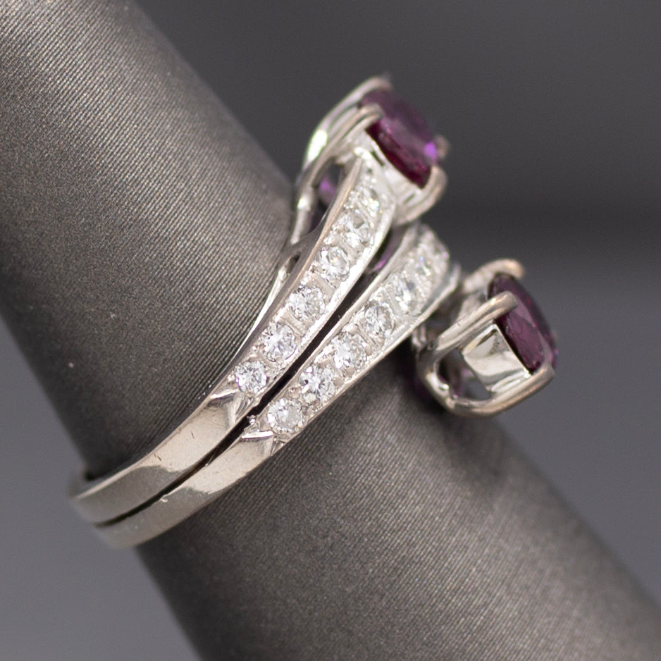 Vintage Double Ruby and Diamond Bypass Statement Ring in 18k White Gold