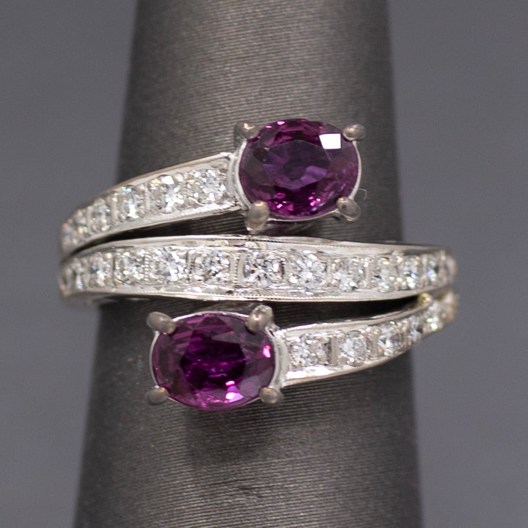 Vintage Double Ruby and Diamond Bypass Statement Ring in 18k White Gold