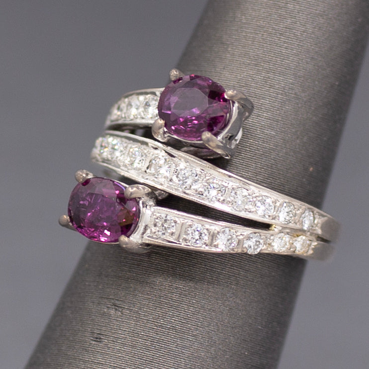 Vintage Double Ruby and Diamond Bypass Statement Ring in 18k White Gold