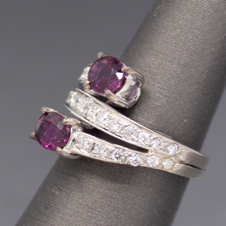 Vintage Double Ruby and Diamond Bypass Statement Ring in 18k White Gold