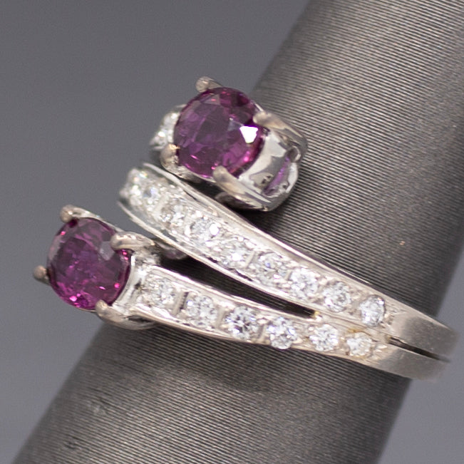 Vintage Double Ruby and Diamond Bypass Statement Ring in 18k White Gold
