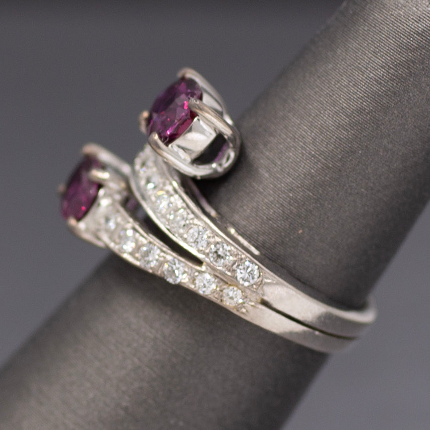 Vintage Double Ruby and Diamond Bypass Statement Ring in 18k White Gold