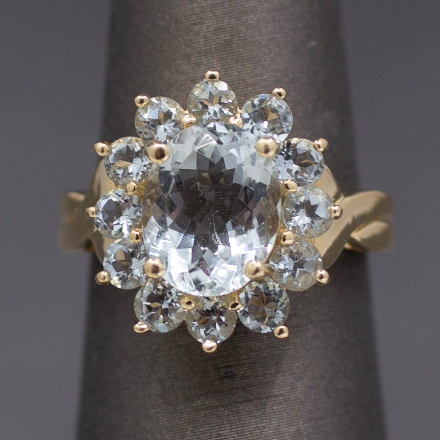 Vintage Aquamarine Oval Cluster Ring in 14k Yellow Gold