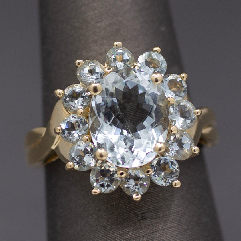 Vintage Aquamarine Oval Cluster Ring in 14k Yellow Gold