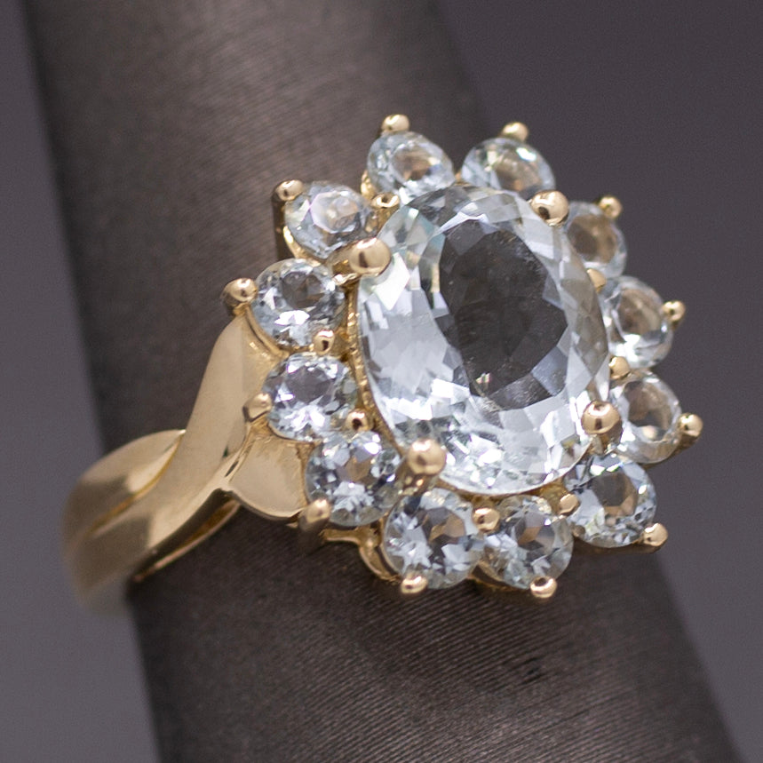 Vintage Aquamarine Oval Cluster Ring in 14k Yellow Gold