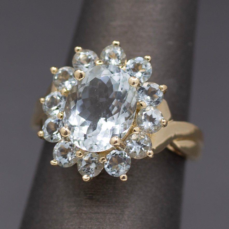Vintage Aquamarine Oval Cluster Ring in 14k Yellow Gold