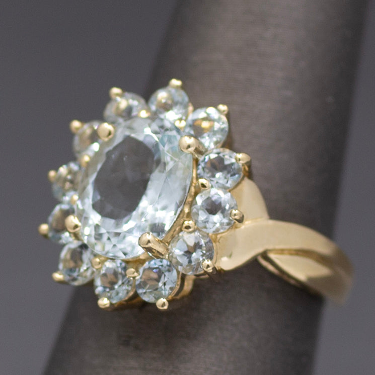 Vintage Aquamarine Oval Cluster Ring in 14k Yellow Gold
