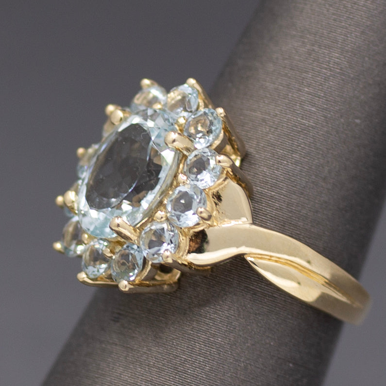 Vintage Aquamarine Oval Cluster Ring in 14k Yellow Gold