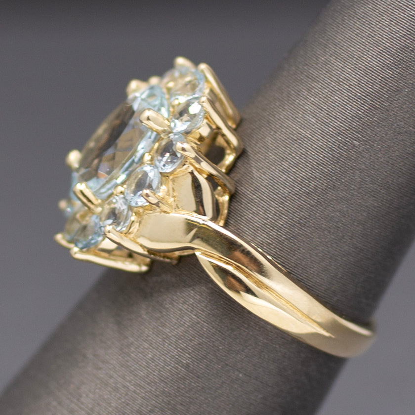 Vintage Aquamarine Oval Cluster Ring in 14k Yellow Gold