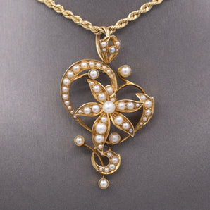 Art Nouveau Pearl Dangle Pendant in 15k Yellow Gold