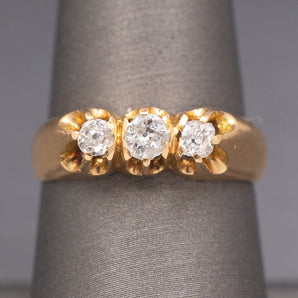 Antique Victorian Three Stone Old Mine Cut Diamond Belcher Set Band Ring in 14k Yellow Gold