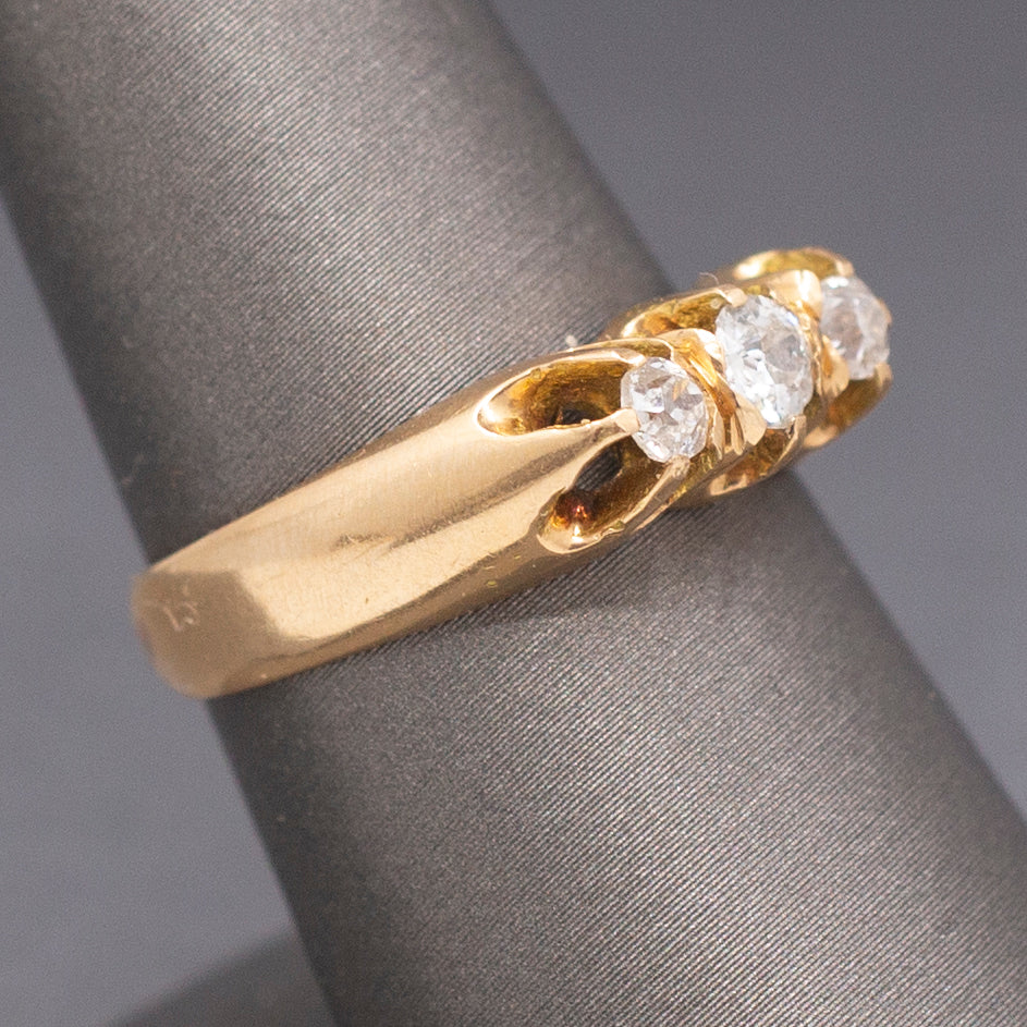 Antique Victorian Three Stone Old Mine Cut Diamond Belcher Set Band Ring in 14k Yellow Gold